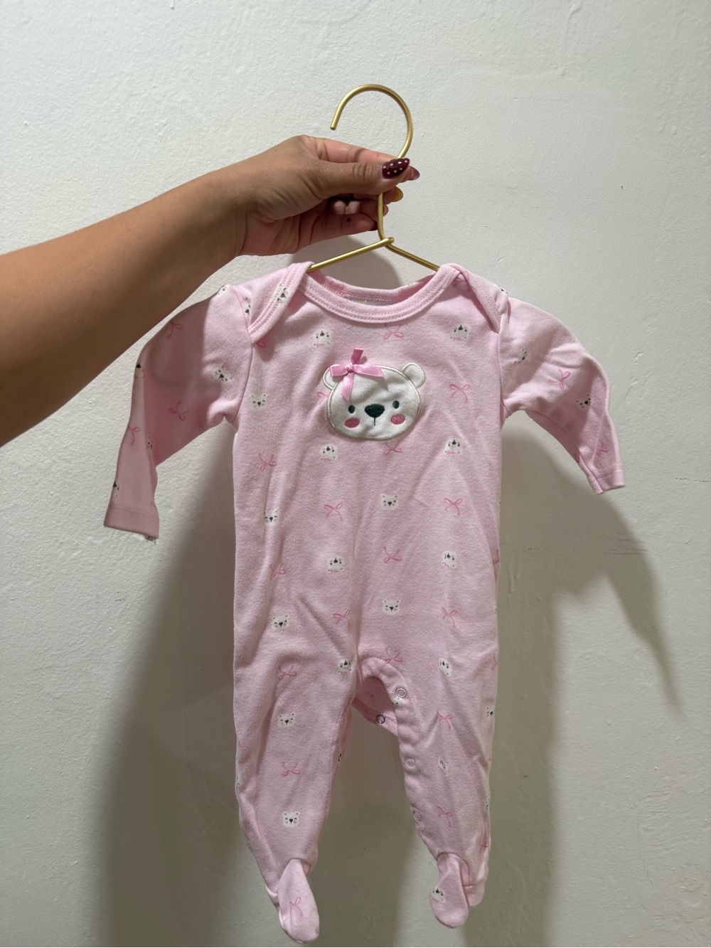 Pink Baby One-Piece Footed Sleeper with Bear Applique